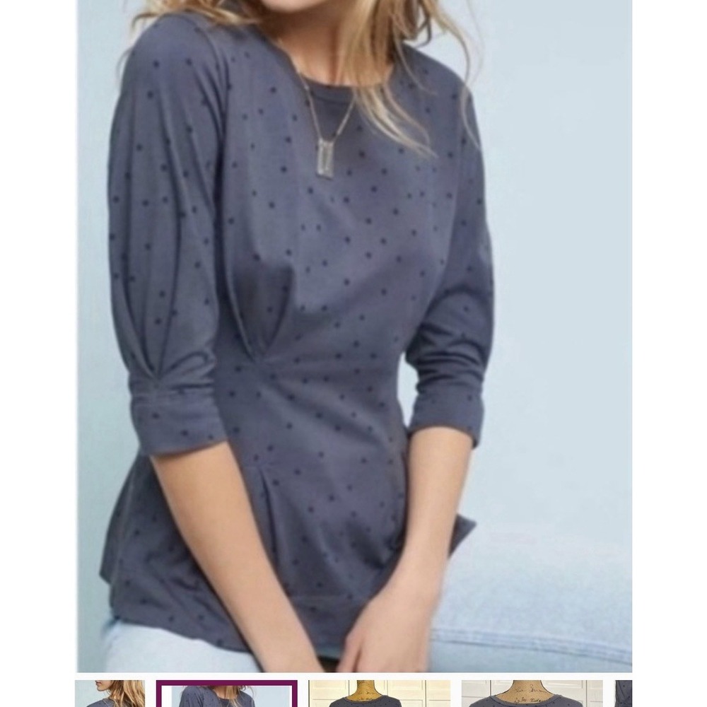 Anthropologie T.la Polka Dot Top Women's M Gray Black Pleated Peplum Chic Top